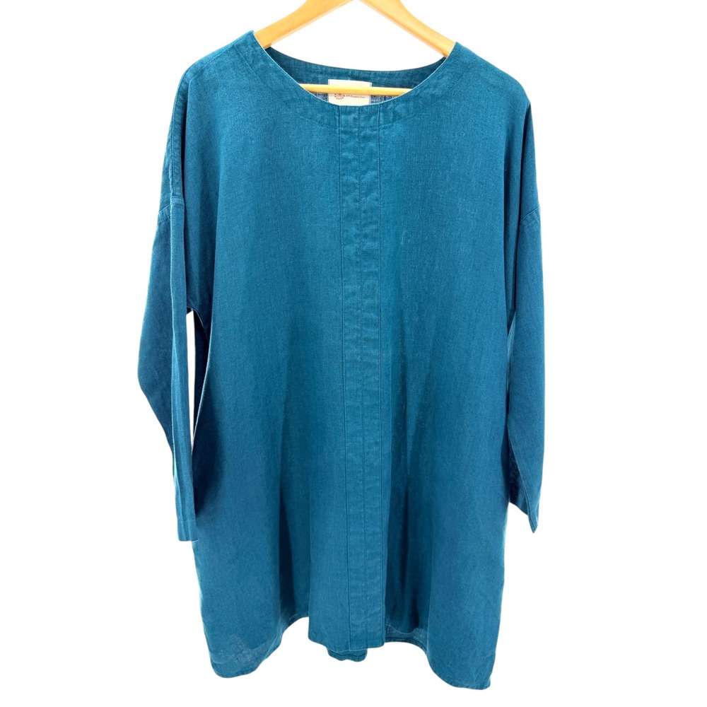 Linenbee 100% European Linen Shift Tunic Dress Pockets Oversized L XL Teal Boho